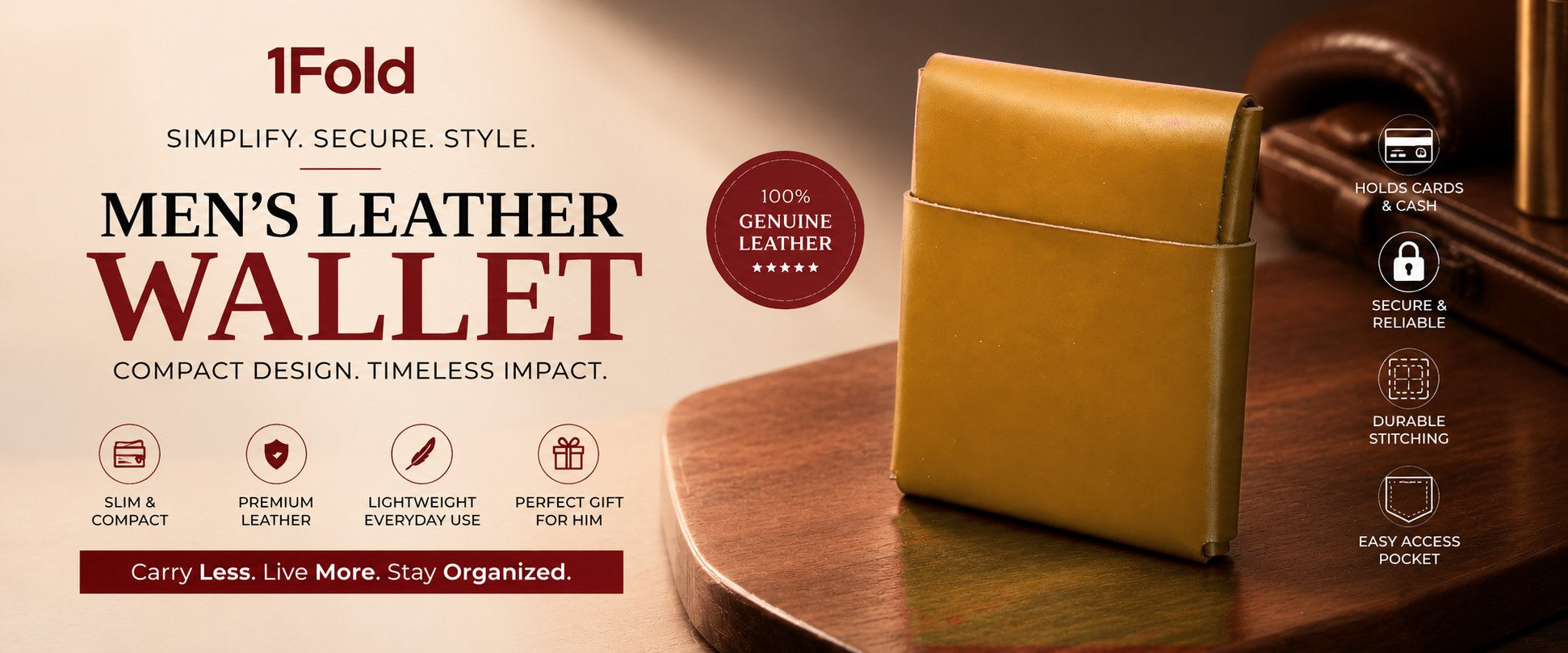 1fold stitchless leather wallet in Amber
