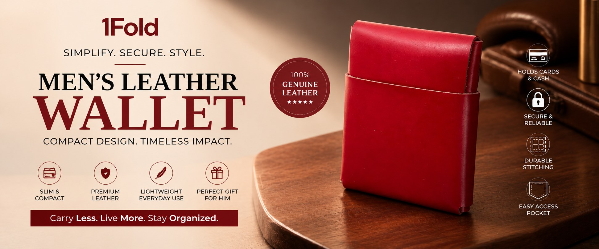 1fold stitchless leather wallet in Crimson